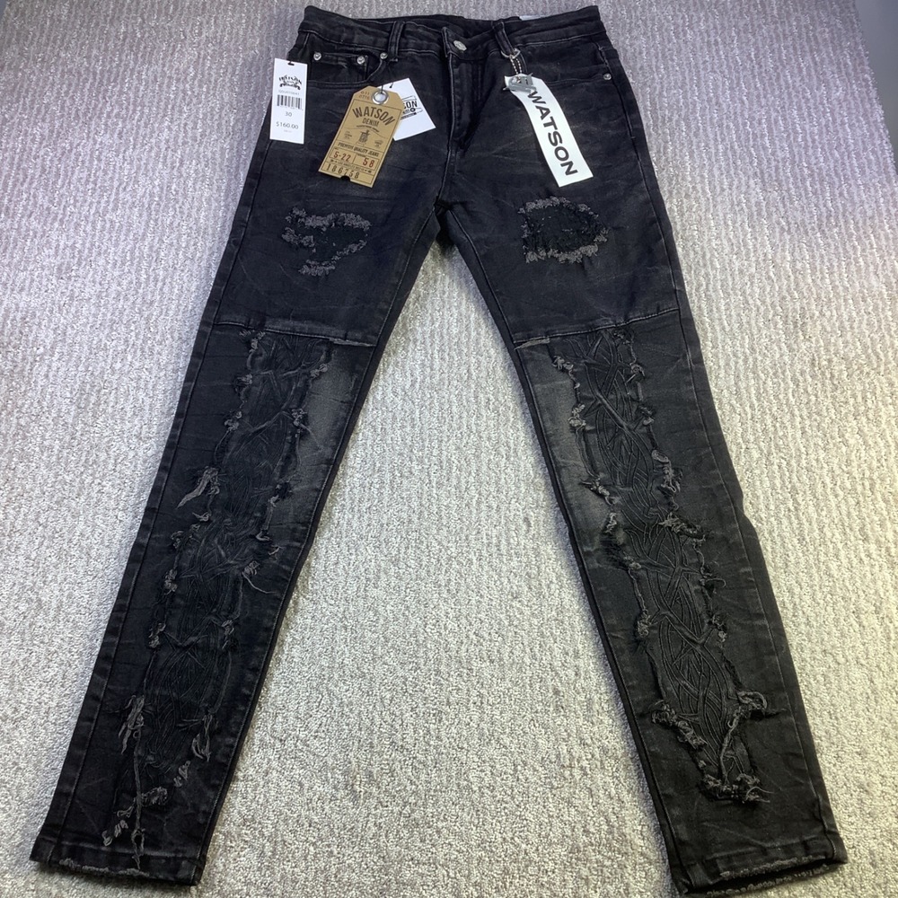 WATSON Denim Distressed Black Jeans Mens 30 x 29 Ripped Embellished Slim Fit NWT